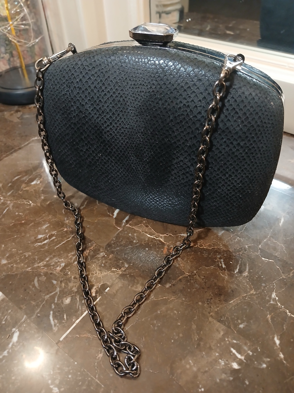 Kate Landry Black Textured Snake-Embossed Evening Clutch with Chain